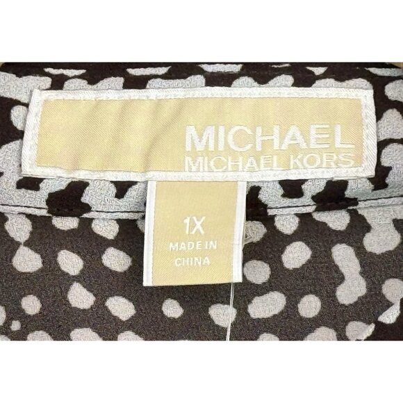 MICHAEL KORS Sheer‎ Blouse Tunic Brown/White Roll-Tab Sleeve Button Down NWT 1X - Picture 5 of 9